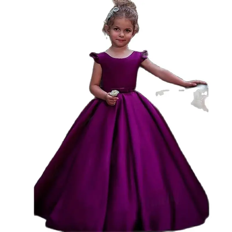 

Purple Flower Girl Dress for Wedding Girls First Communion Dress Satin Ball Gowns with Beading Sash Elegant Dresses Custom Made