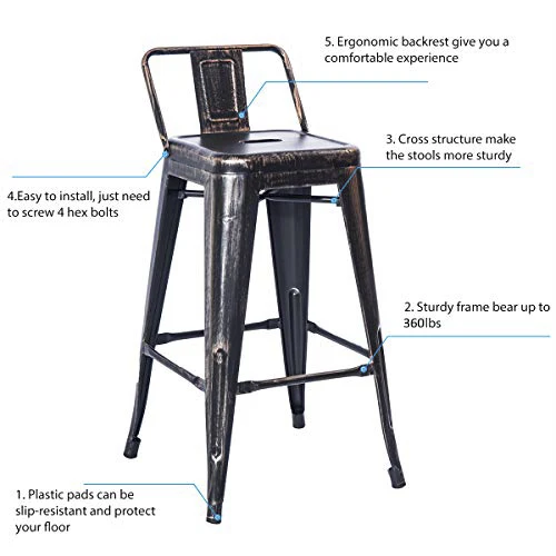 Металлический стул в стиле ретро с низкой спинкой для помещений и улицы барный