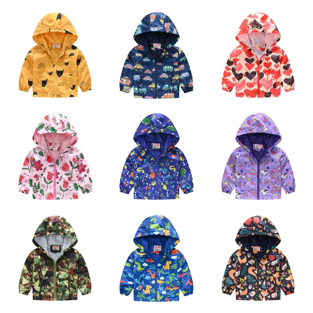 JY02 Children's clothes hooded outdoor Fashion printed tops boys girls with storage bag 90-130 3105
