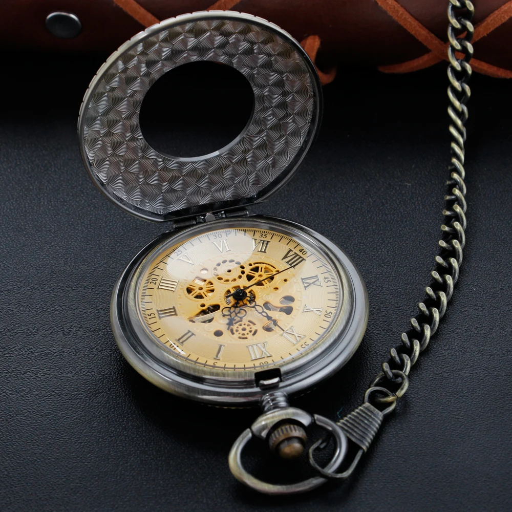 Vintage Wood Carving Hollow Skeleton Mechanical Pocket Watch Men's Fob Chain Steel Arabic Digital Sculpture Women's Men's Gift