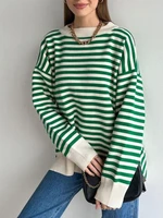 womens o neck striped sweater pullovers drop shoulder kintting tops casual loose long sleeves jumpers autumn winter for female