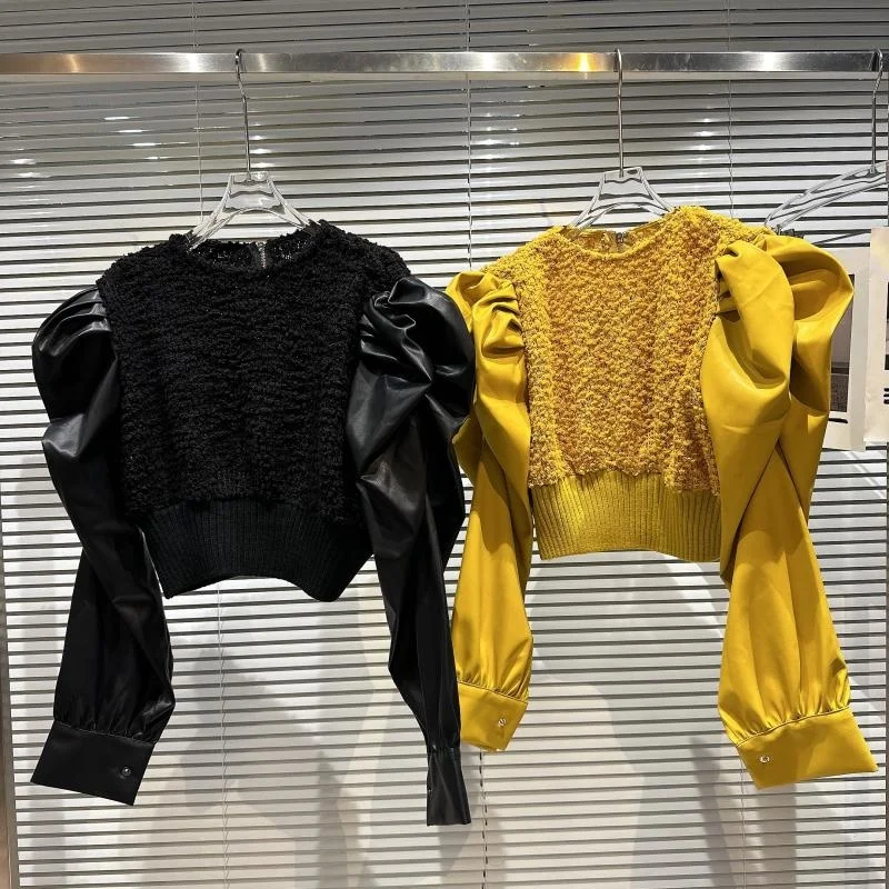 

2022 Winter New Arrival Faux Leather Pu Fluffy Sleeve Round Neck Sweater Women Knitted Pullover Winter Clothes Women