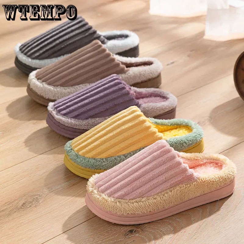 WTEMPO Couple Plush Anti-slip Cotton Slippers Autumn and Winter Men's and Women's Warm Flats Home Indoor Shoes Wholesale