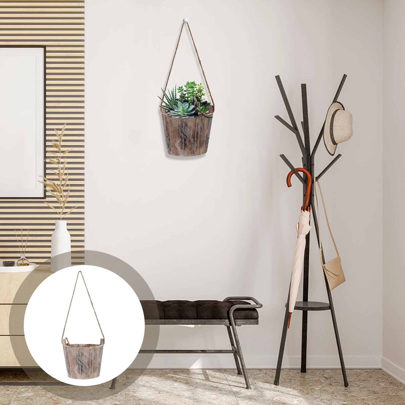 

1pc Hanging Planter Decorative Bucket Planters Hanging Rope Planter Baskets Wooden Flower Barrels Jute Rope Hanging Planter