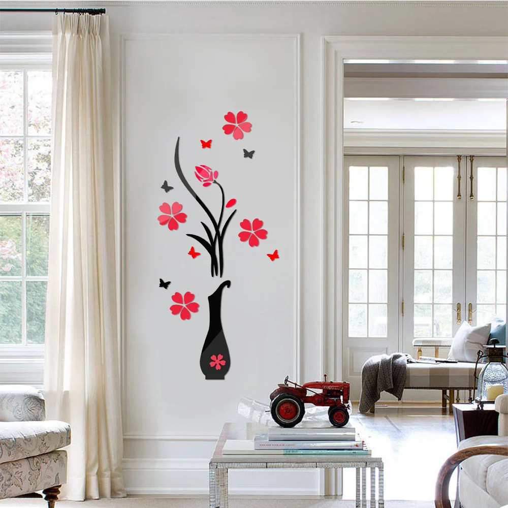 

Three-dimensional Acrylic Crystal Wall Sticker Vase Plum Flower Bedroom Living Room Entrance 3D Sticker Home Backdrop Decor Art