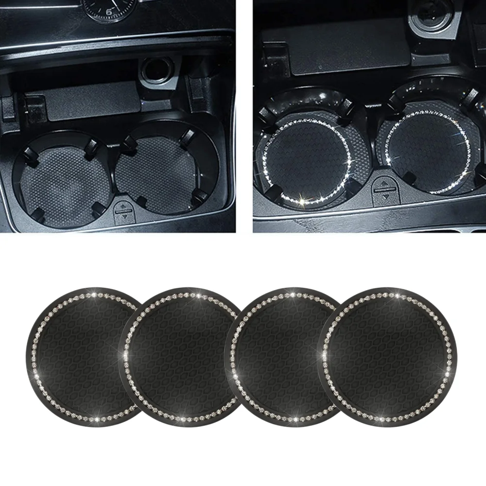 

4PCS Universal Vehicle Cup Holder Insert Coaster Silicone Anti Slip Bling Crystal Rhinestone Auto Car Accessories for Women