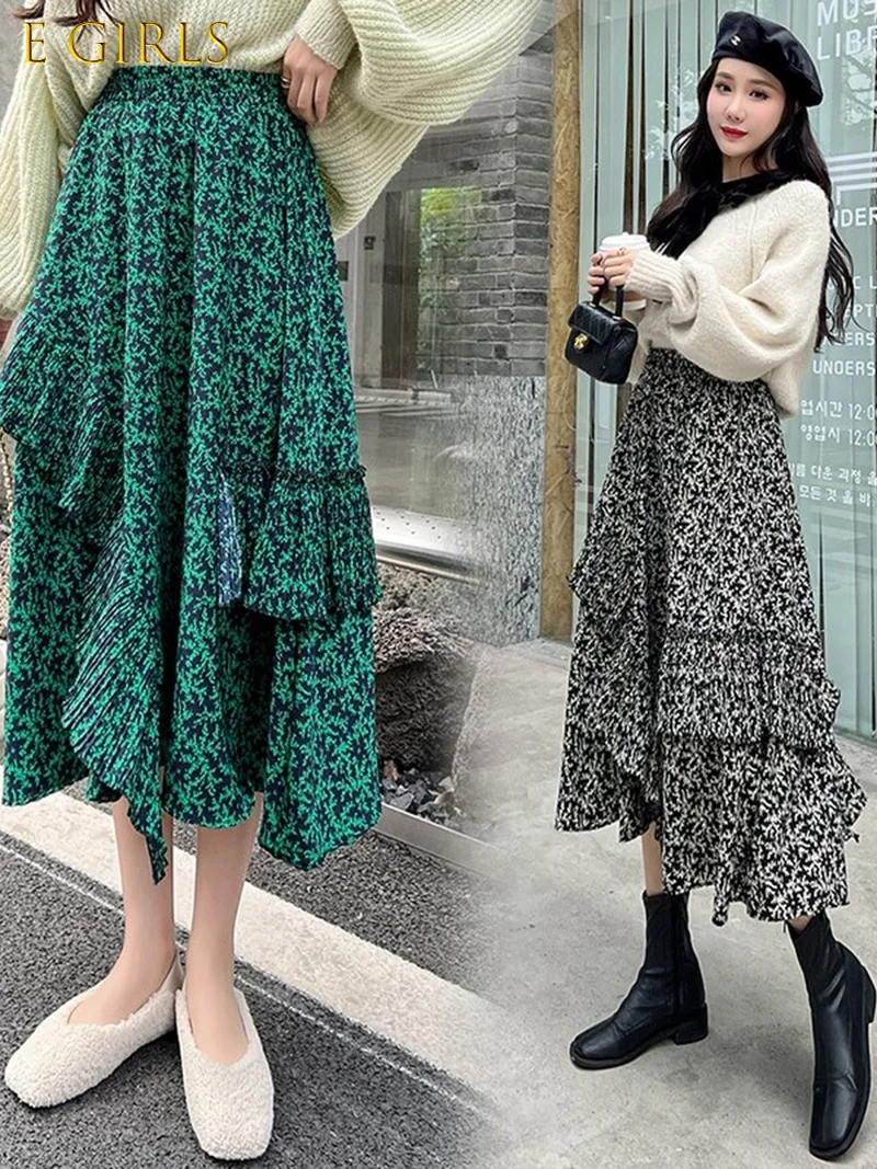 E GIRLS Irregular Ruffled Skirts Women 2022 Spring Casual Floral Printing High Waist Elastic A Line Skirt Female Korean New