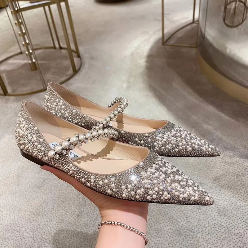 New Rhinestone 1CM/7CM/9CM High Heels Mary Jane Luxury Pumps Pointed Toe Woman Crystal Wedding Shoes Big Size 33~41