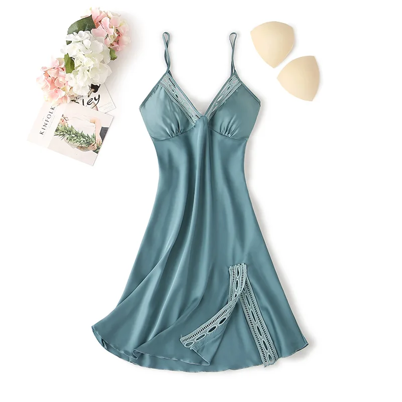 

Green Hollow Out Nightdress Womens Satin Sleep Dress Suspender Nightgown Home Wear Lounge Summer V-Neck Dressing Gown Sleepwear