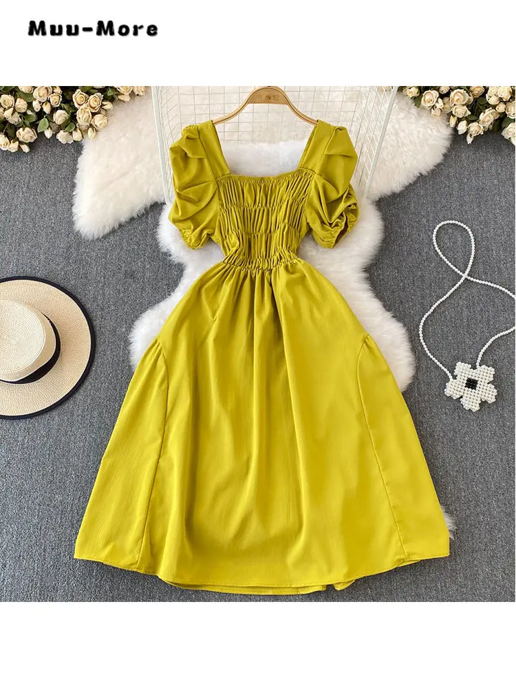 

Women's Vintage Puff Sleeve Square Collar Solid Color Mid Long Dresses 2023 Summer Elegant Classic High Waist Evening Dress