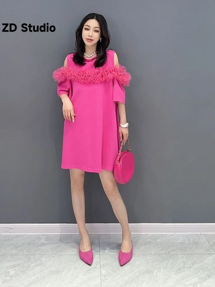 

[ZD Studio] 2023 Summer New Korean Fashion Off Shoulder Dress With Mesh Super Fairy Slim Women's Wear