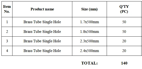 (Total 140PCS) EDM Brass Tube Single Hole 1.7x500mm, 1.8x500mm, 2.3x500mm, 2.4x500mm