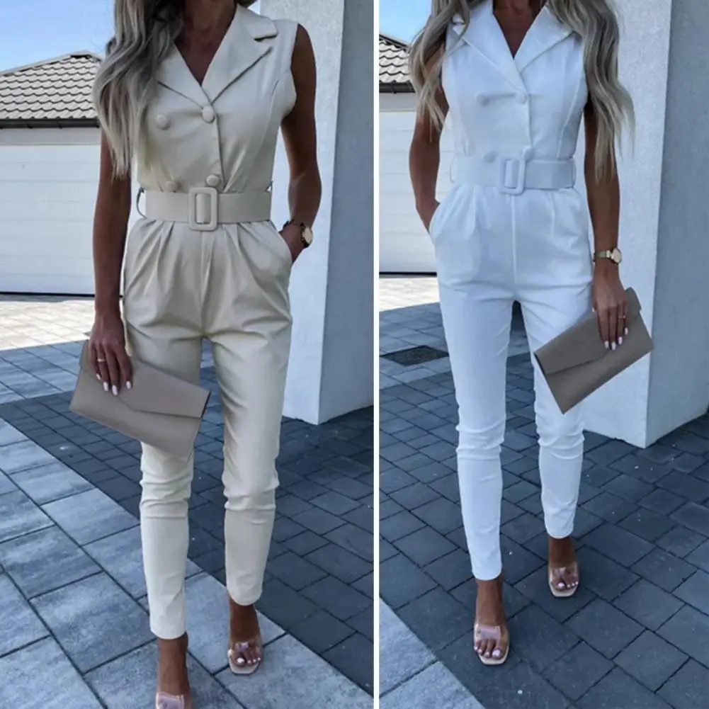 

Summer Office Lady Sexy V Neck Party Romper Elegant Jumpsuit Women Casual Sleeveless Solid Playsuit Overalls combinaison femme