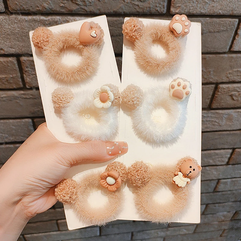 

Korean Kawaii Elastic Hair Bands Hair Rope Hair Tie Coffee Color Cute Plush Head Band For Girls Headwear Kids Hair Accessories