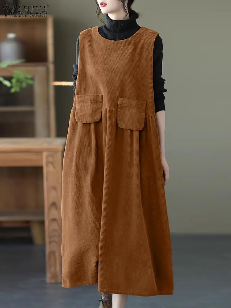 

ZANZEA Vintage Sleeveless Pockets Vestidos Women Corduroy Long Dress 2023 Autumn O-Neck Robes Casual Loose Pleated Midi Dresses