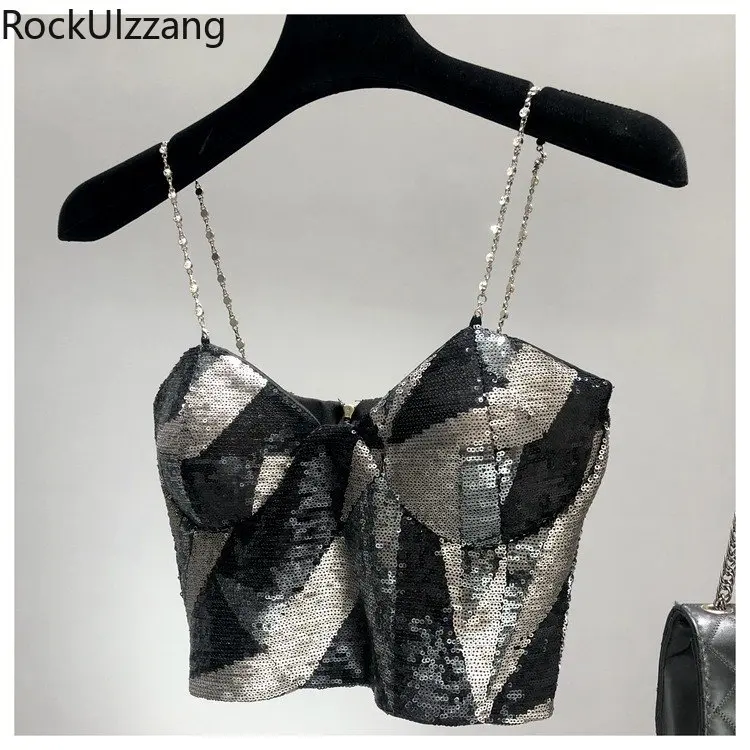 

Chest Pad Black Silver Sequin Diamond Chain Strap Camis Corset Bustier Bras Crop Top Women Sexy y2k cloth luxury grunge Cropped
