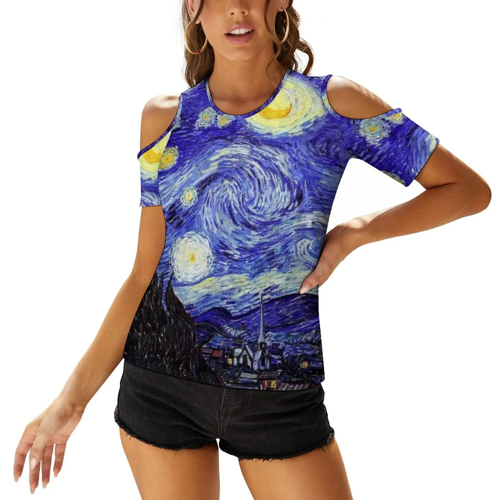 

Van Gogh Mountains Tee Shirt Starry Night Mountain Inspiration Off The Shoulder New Fashion T Shirt Street Style U Neck Tshirt