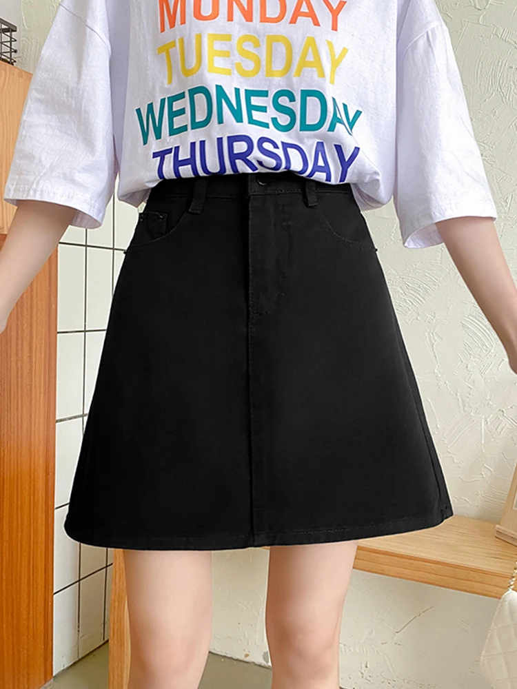 

Ailegogo Summer Women High Waist A-line Loose Black Mini Denim Skirt Streetwear Female Button Solid Color Jeans Skirts Bottoms