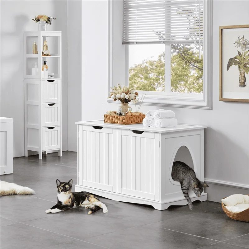 

Wooden Cat Litter Box Side Table Washroom Storage Bench with Divider, White