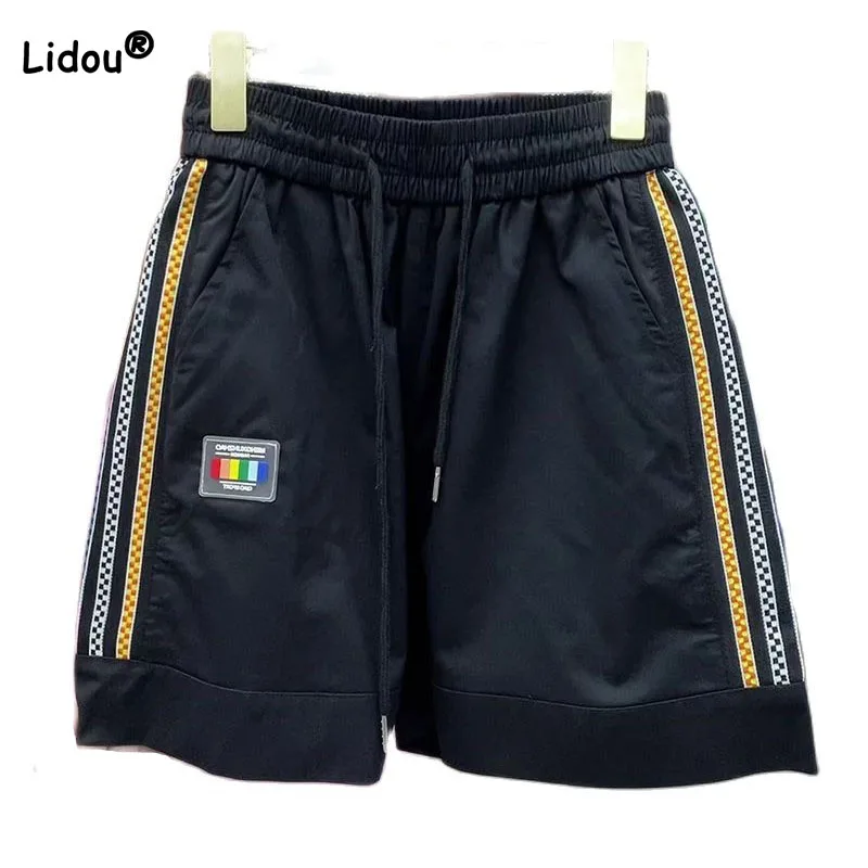 Female Loose Solid Color Casual Sporty Shorts Summer New Fashion Drawstring Elastic High Waist Spliced Pants Women's Clothing
