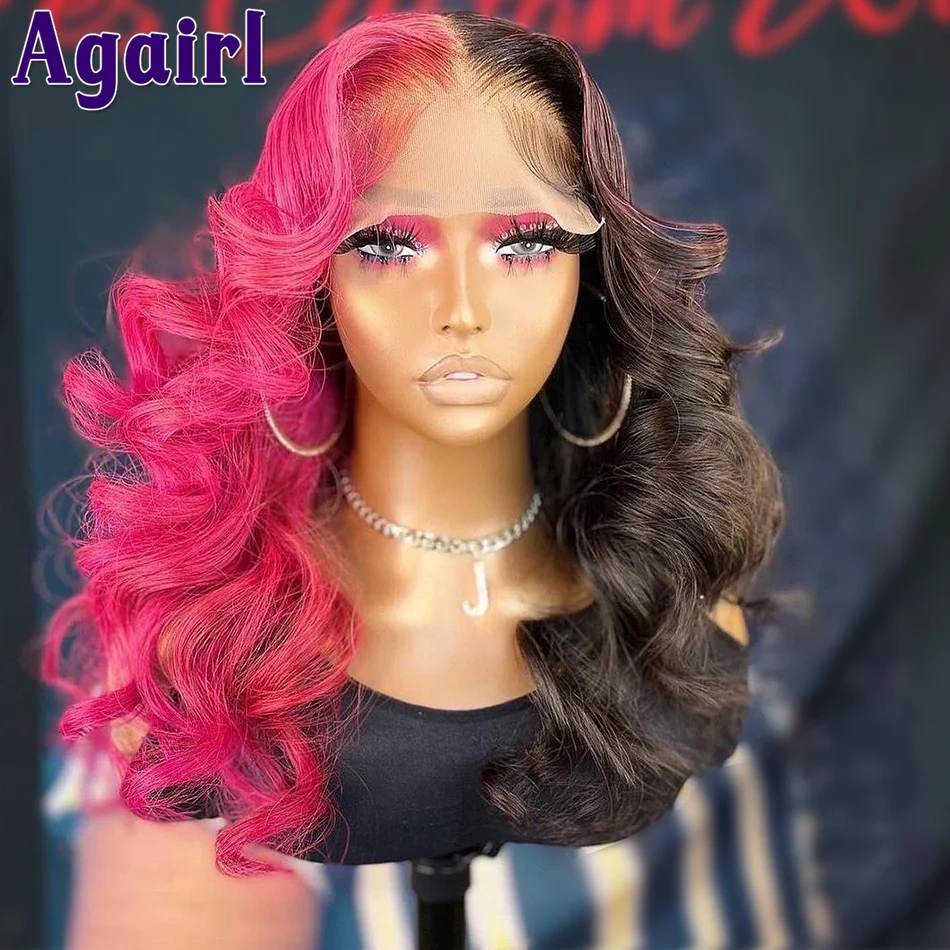 

Half Red Half Black Colored Human Hair Wigs Rose Pink with Black Body Wave Lace Front Wig Transparent 13X4 Lace Frontal Wig 180%