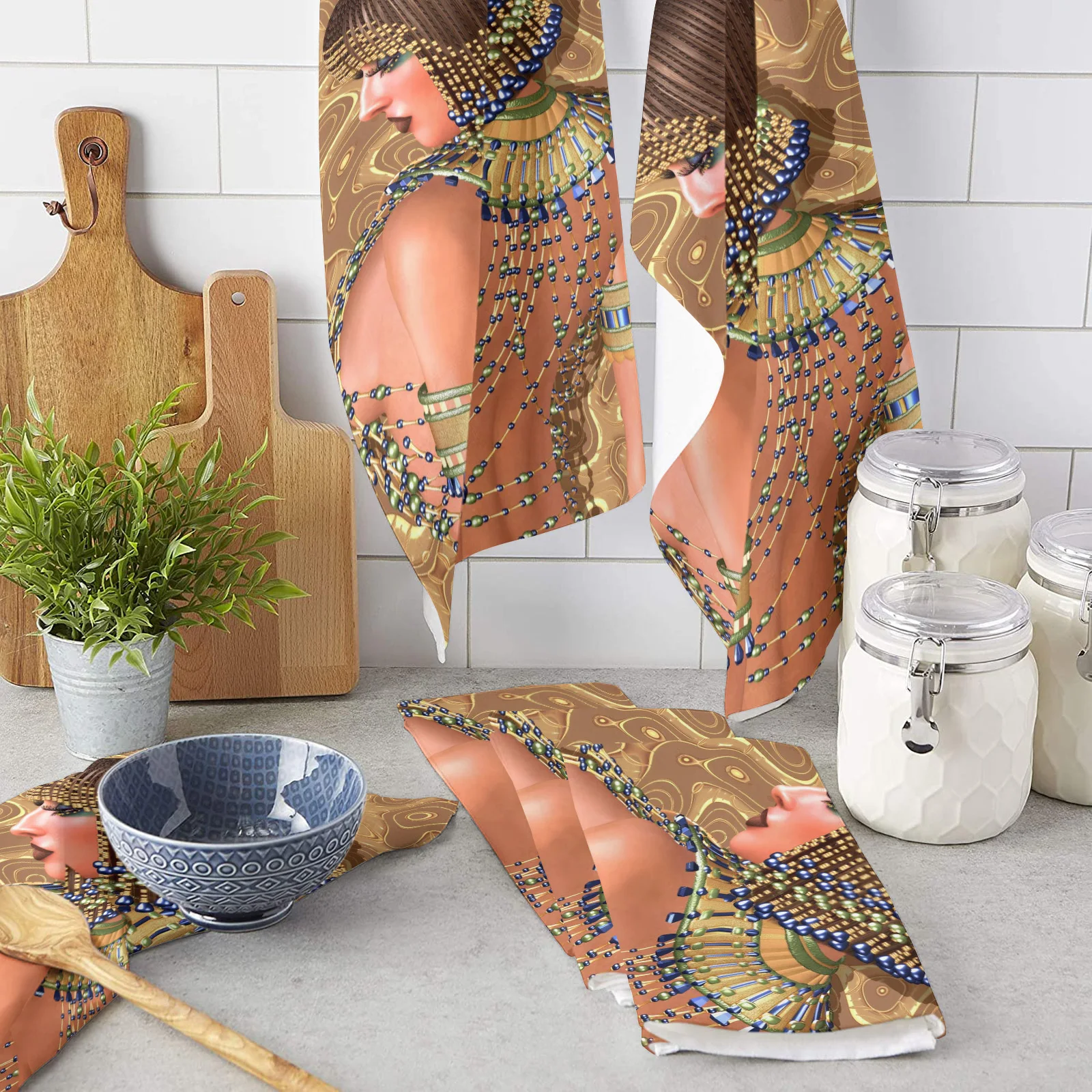 

Египетская женщина с золотыми бусинами, модное женское полотенце для чая и рук с принтом, кухонная салфетка для мытья посуды, влагопоглощаю...