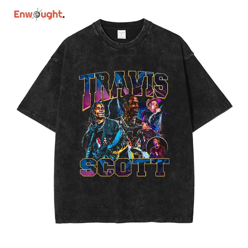 

Travis T Shirt Hip Hop Rapper Scott La Flame Tops Tees Vintage Washed Short Sleeve Oversized T-shirt Harajuku Streetwear Men