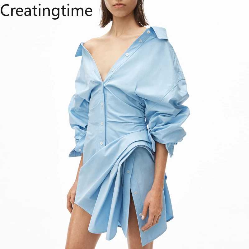 

Creatingtime 2022 Summer New Fashion Sexy Women Solid Color Asymmetric Pleated Single Breasted Half Slim High Waist Dress GA600