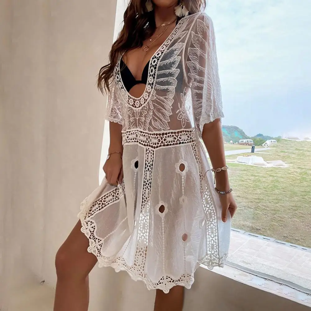

Chic Bikini Dress Sexy Sunshade Beach Cover Up Wing Print Hollow Out Bikini Dress