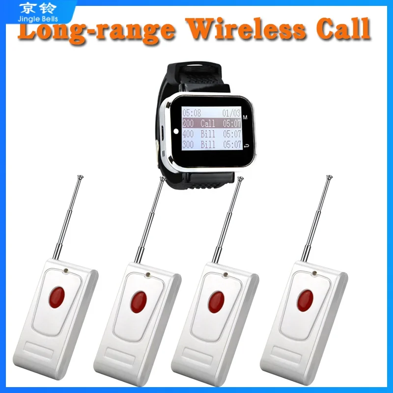 

Long Distance Call Button Transmitter With Antenna Wireless Calling System Longer Standby Watch Receiver For Restaurant Hotel