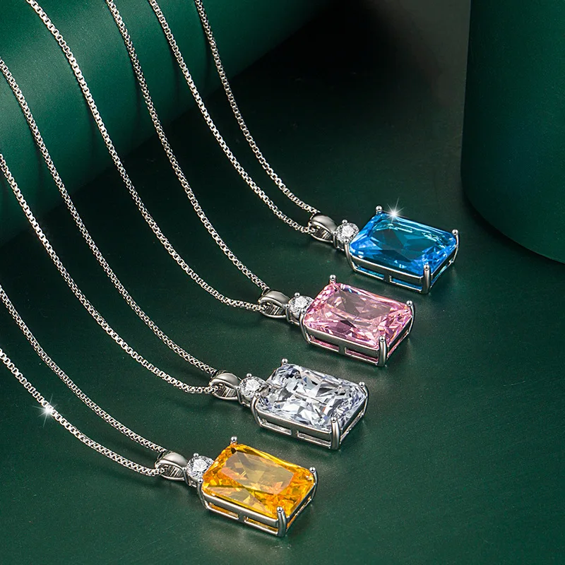 

New Temperament Square Sapphire Inlaid Zircon Pendant Female Yellow Diamond Collarbone Chain Necklace Jewelry Wholesale