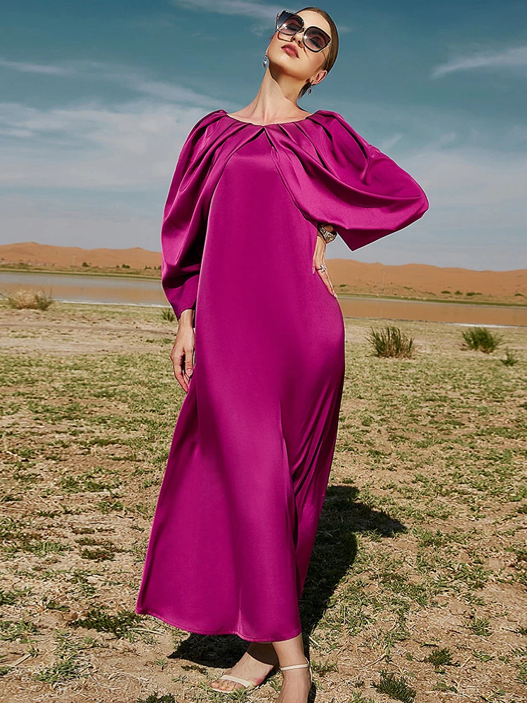 

MD Elegant Dress Women For Wedding Party Pleated Long Sleeve Fashion Abayas Muslim Islamic Clothing Djalaba Marocaine Kimono