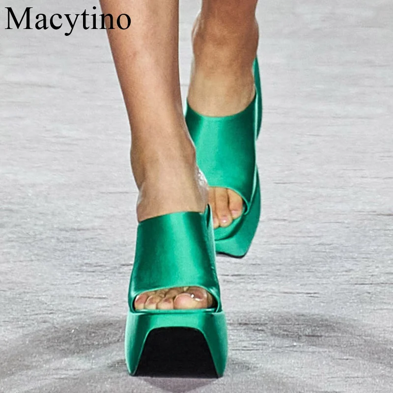 

Summer New High Platform Wedge Runway Slipper Women Heel Shoe Peep Toe Super High Heel Party Nightclub Slipper Sexy Satin Shoes