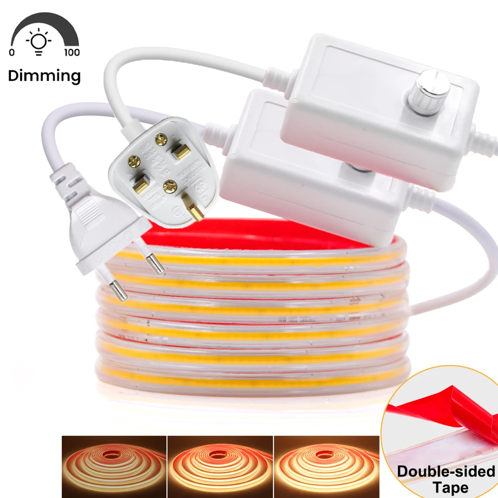 Светодиодная лента COB 220 В 288 светодиодов/м штепсельная вилка EU/UK с диммером CRI RA90