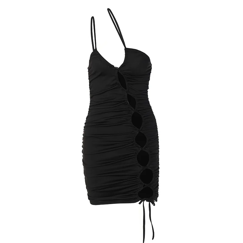 

Sexy Ladies Summer Hot Sale New Ladies Sexy Sling Hollow Solid Color Pleated Slim Drawstring Short Dress Free Shipping