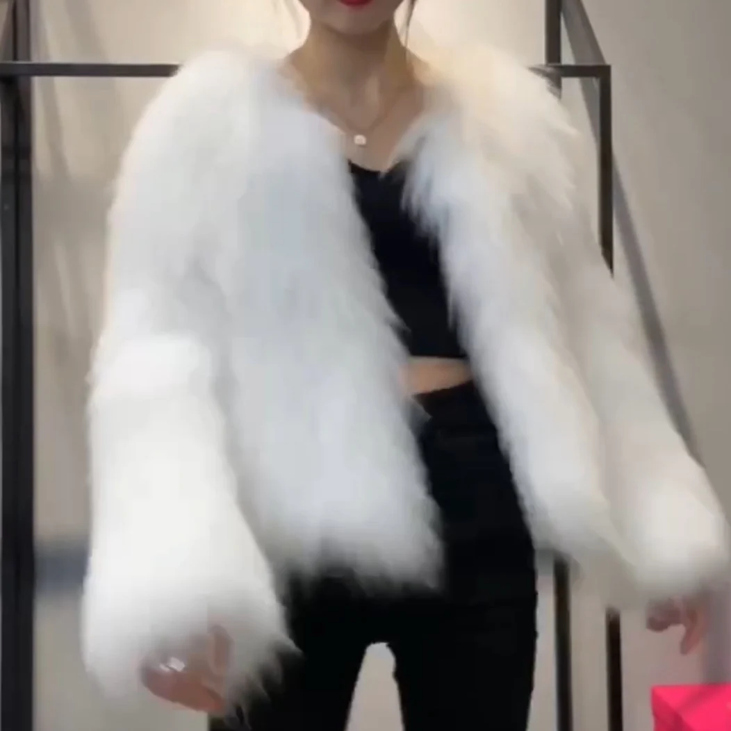White Raccoon Woven Real Fur Handmade Short Coat Long Sleeve Warm Fashion Winter Women's Fur Coat White Age Reducing Jacket