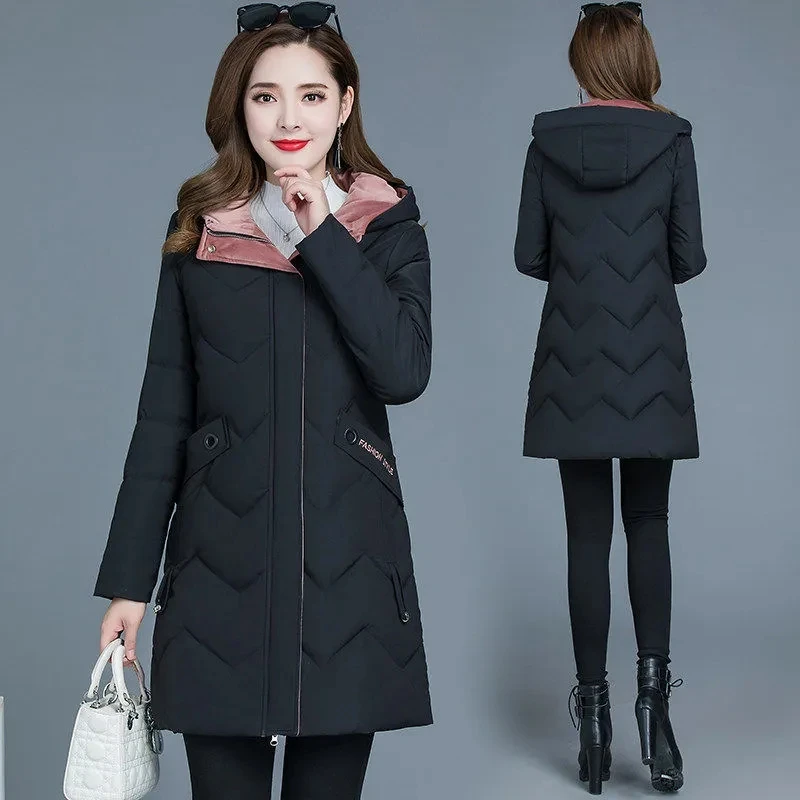 Winter Coat 2023 Korean New Fashion Ladies Slim Letter Cotton-padded Jacket Thicken Long Parkas Windproof Women's Hooded Outwear
