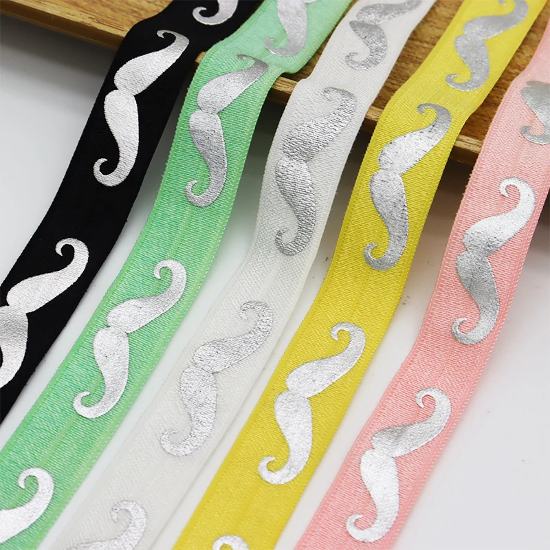 

Wholesale 10Yard 5/8" 15mm Silver Foil Beard Print FOE Spandex Fold Over Elastic Ribbon For Hair Tie Diy Dress Sewing Trim