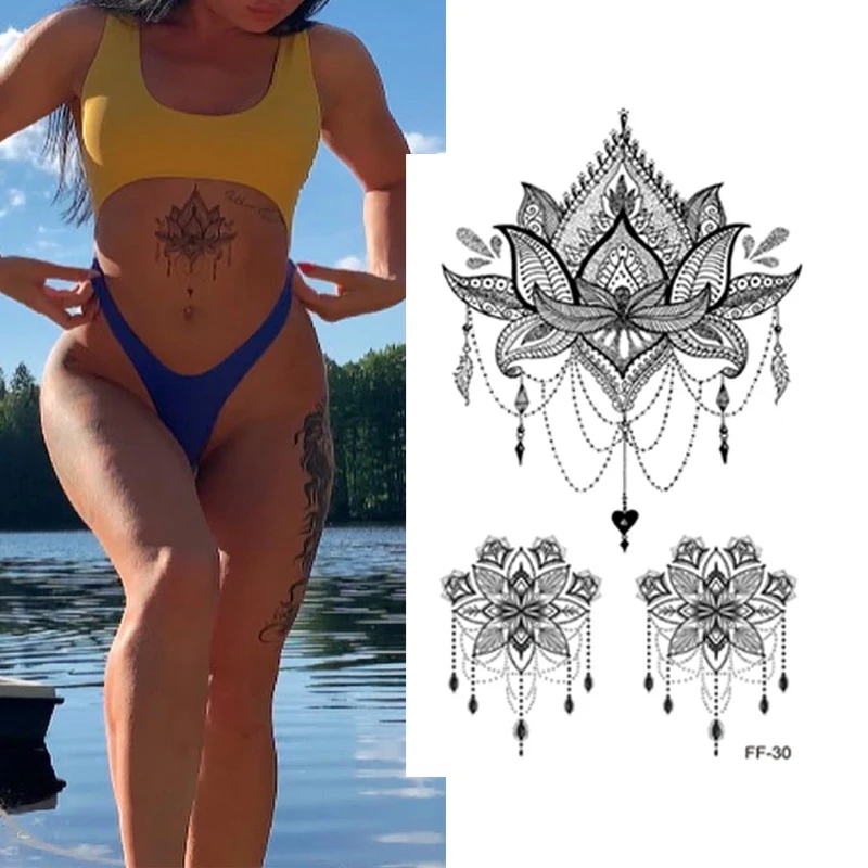 

Mandala Flower Temporary Tattoo Sticker Women Waterproof Lasting DIY Black Large Flower Body Art Water Transfer Fake Tattoo 1PCS