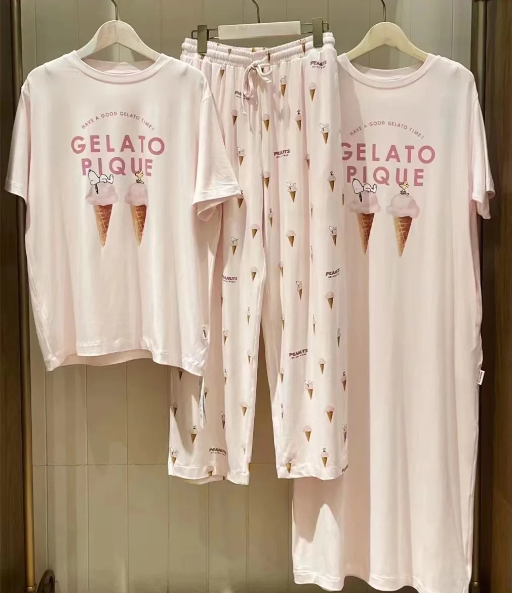 Summer One Piece Pajamas  Room Wear Gelato Pique T-shirt Maxi Dress Cute Kawaii Night Dress Women