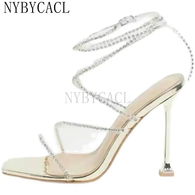 

Rhinestone Sandals Women's Summer New Square Toe Open Toe Sexy Stiletto High Heels Crystal Strappy Roman Shoes Bling Sandals New