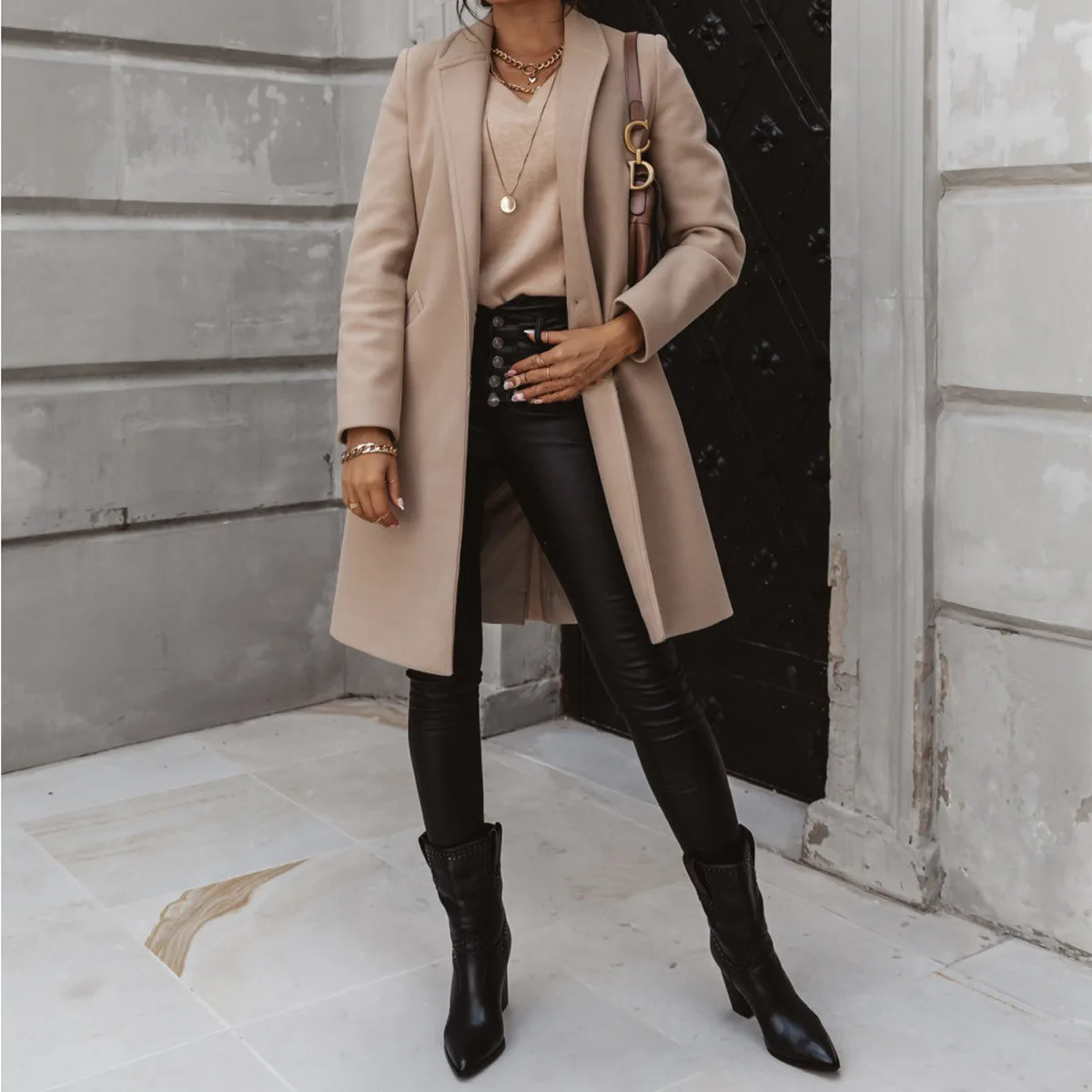 

2023 New Fall/winter Women's Solid Lapels Mid-length Buttoned Tweed Coat