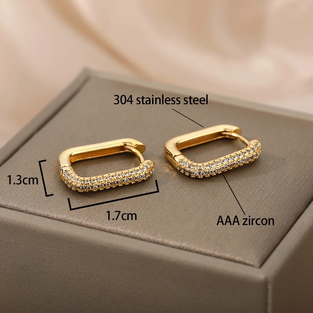 Женские серьги-кольца из нержавеющей стали с квадратными и круглыми фианитами |