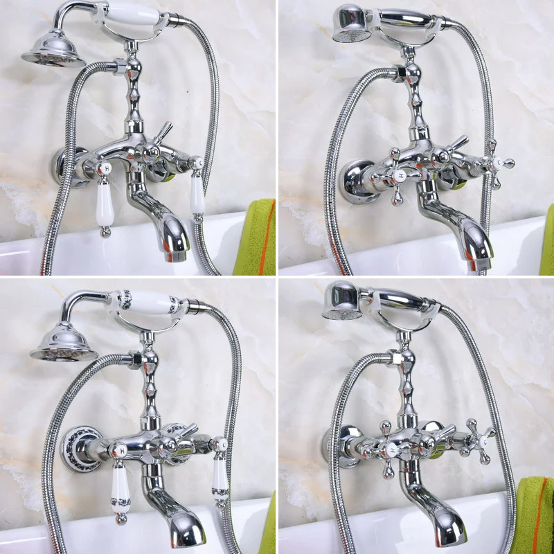 

Polished Chrome Brass Bathroom Bath Clawfoot Tub Mixer Tap Faucet Hand Shower Double Handles Wall Mounted mna185