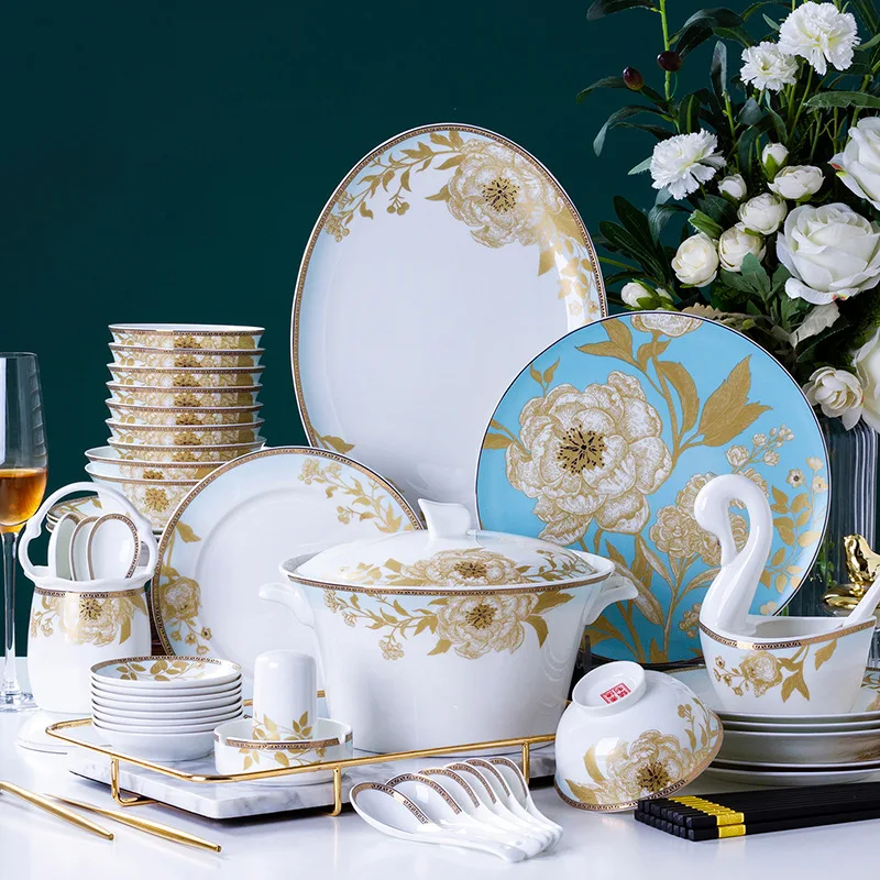 

Bone china tableware and dishes Set European simple Jingdezhen ceramic dishes domestic Chinese dishes and chopsticks spoon