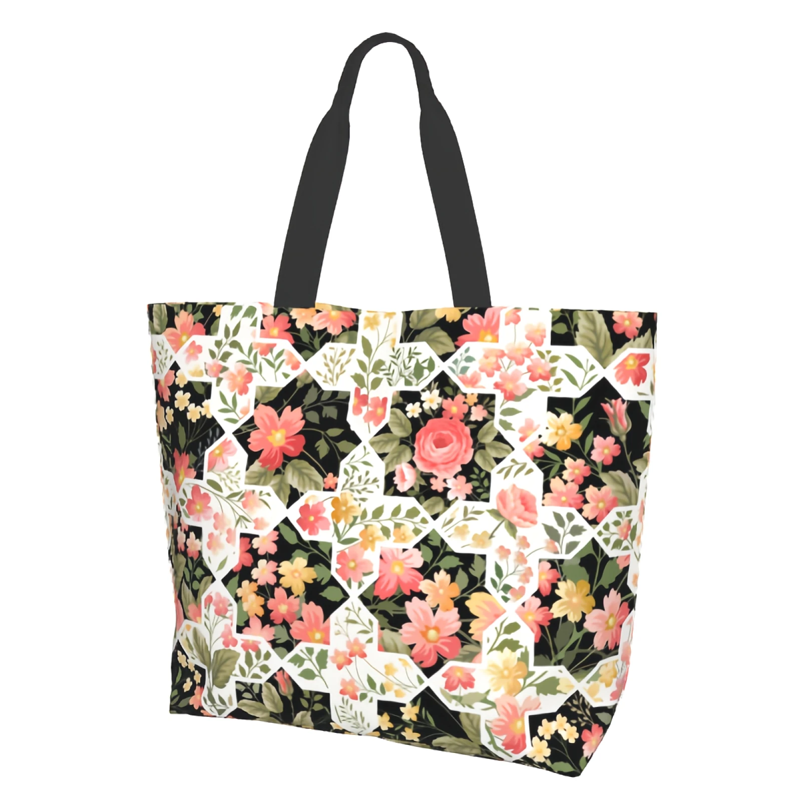 

Pink and Yellow Flowers Reusable Tote Bag Shopping Travel Storage Tote Lightweight Washable Shoulder Bags Handbag