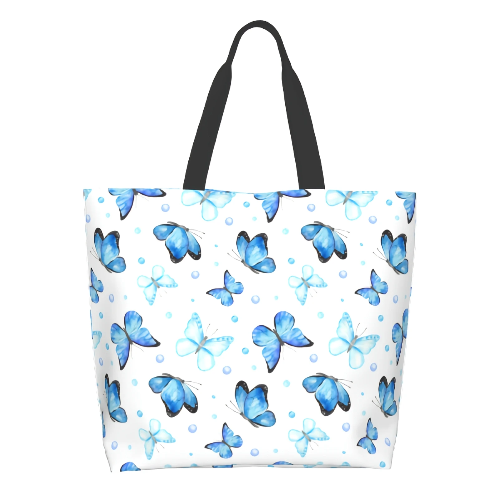 

Blue Butterflies Shopping Bag Reusable Beautiful Tote Bag Watercolor Shoulder Bag Casual Lightweight Large Capacity