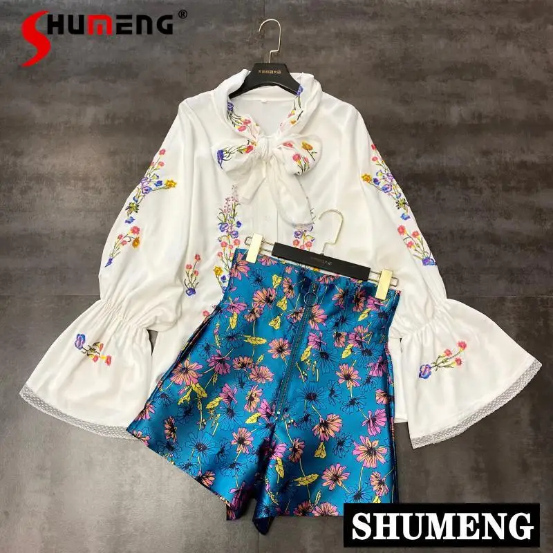 

Women Two Piece Set 2022 Spring and Summer New Style Flower Embroidered Lace-up Shirt + Flower Shorts Women's Suit Outfits