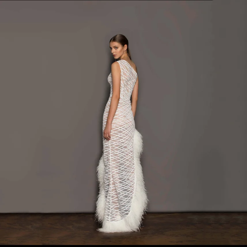 White Women Mesh Off-Shoulder Feather Long Dress 2023 Sexy Irregular Bodycon Split Maxi Dress Lady Elegant Party Evening Dress