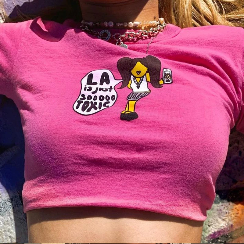 

Summer 2000s Aesthetic Y2K Kawaii Cute Pink Cartoon Gril Printed Tops O- Neck Short Sleeve Graphic Tees Crop Top women‘s T-shirt